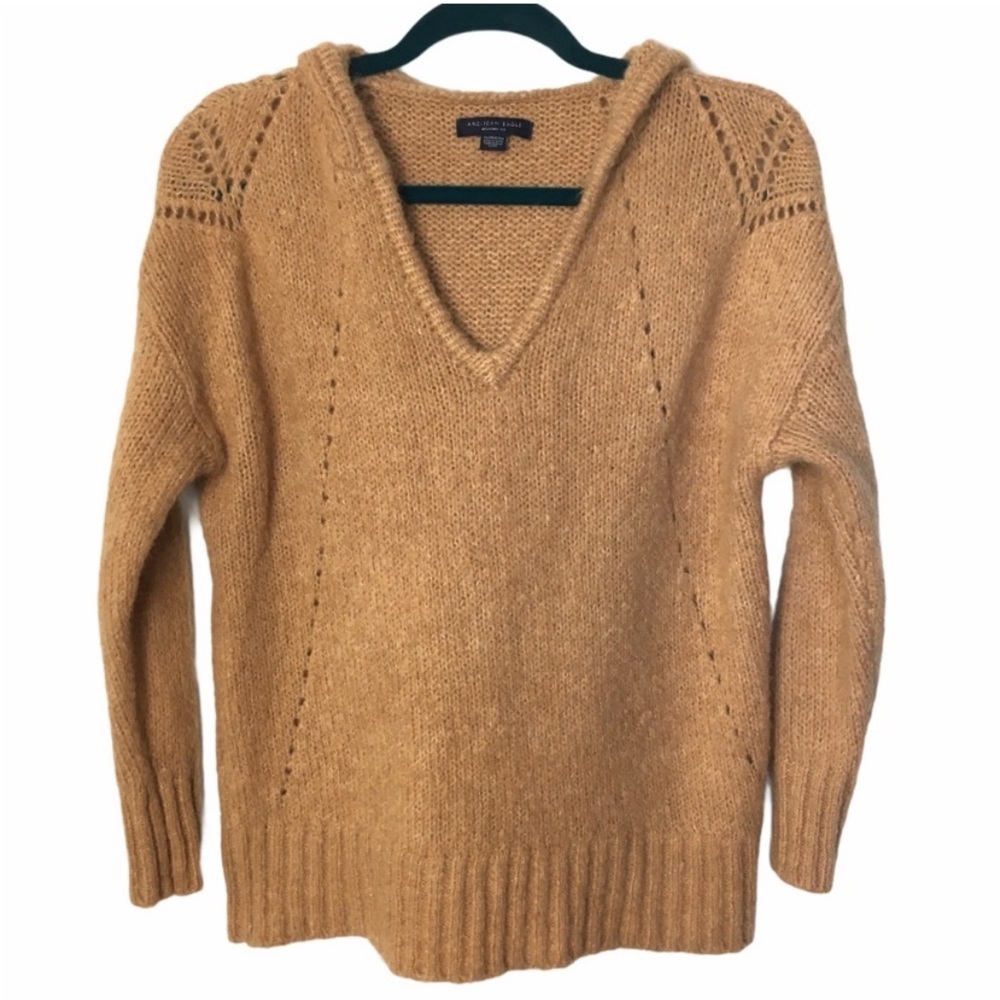 3/$30 American Eagle Camel Slouchy V Neck Hooded Knit Long Sleeve Sweater Wool
